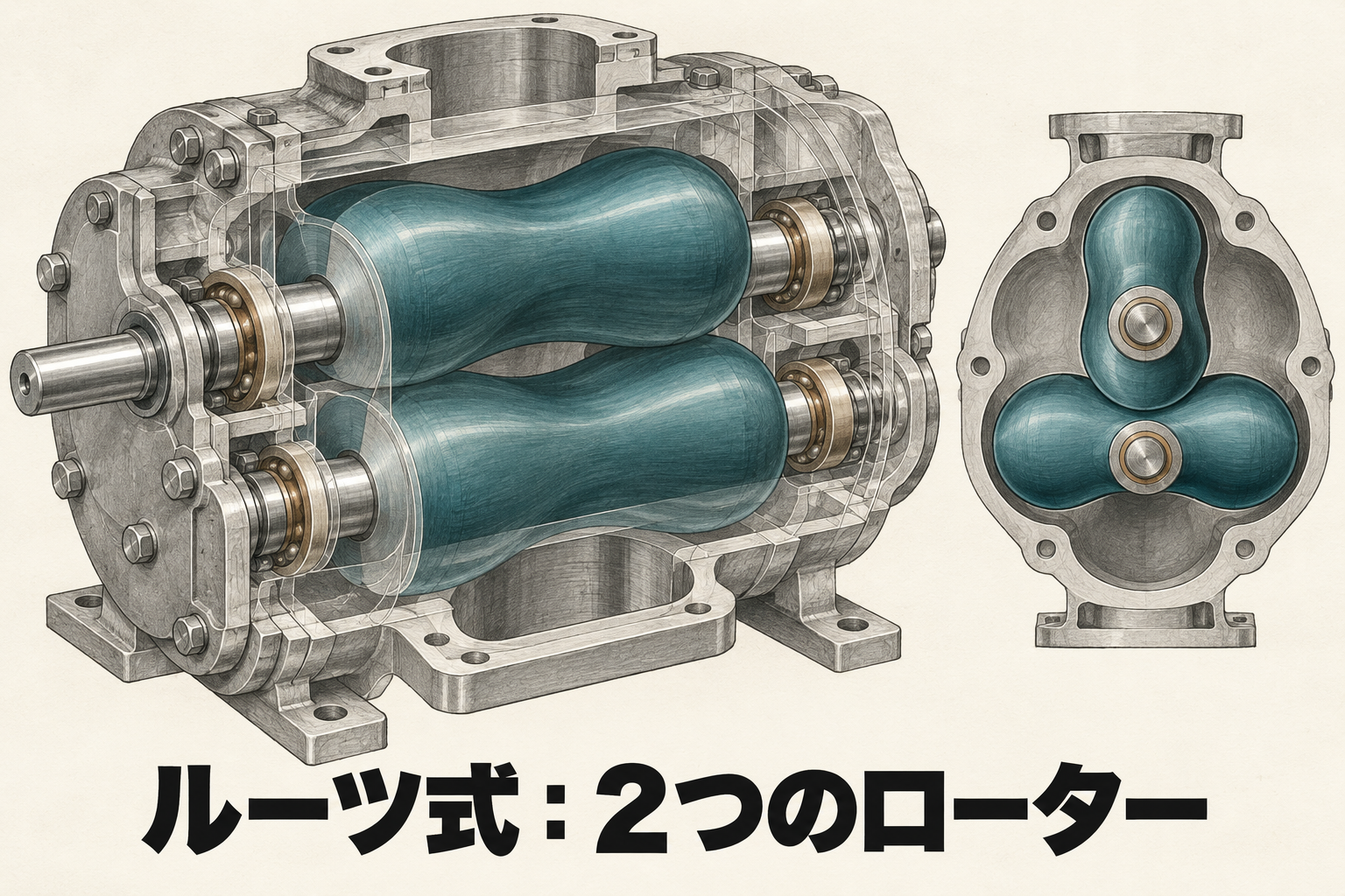 まゆ形の断面を持つ二つのルーツ式ローターを透かして見せる部品イラスト