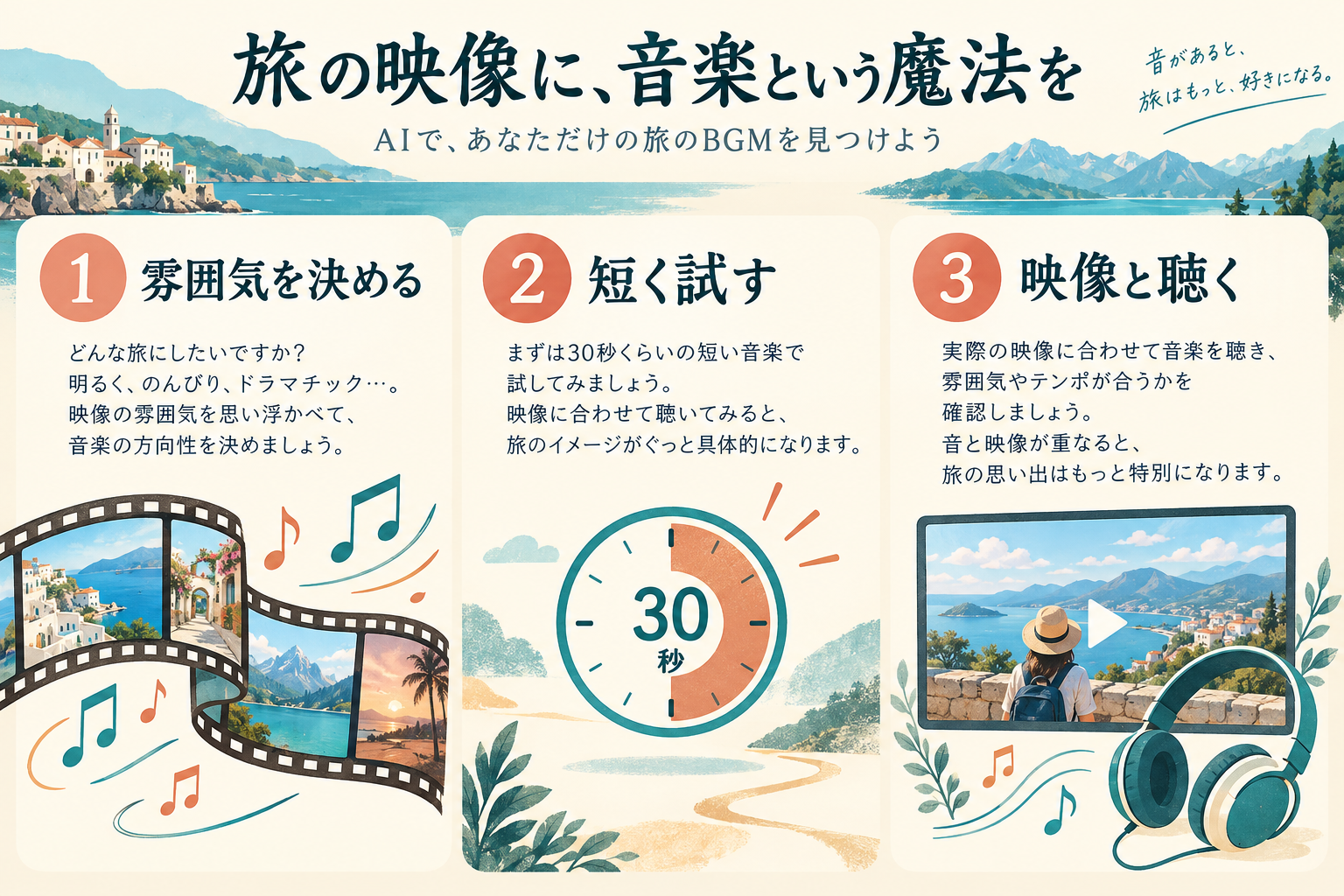 雰囲気を決める、短く試す、映像と聴くという音楽生成のオリジナル図解