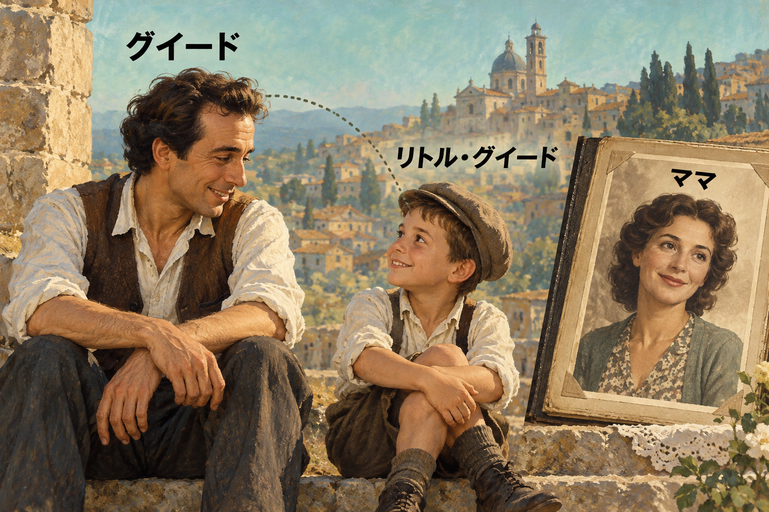 大人のグイード、幼いリトル・グイード、母を別の人物画で示した整理用イラスト