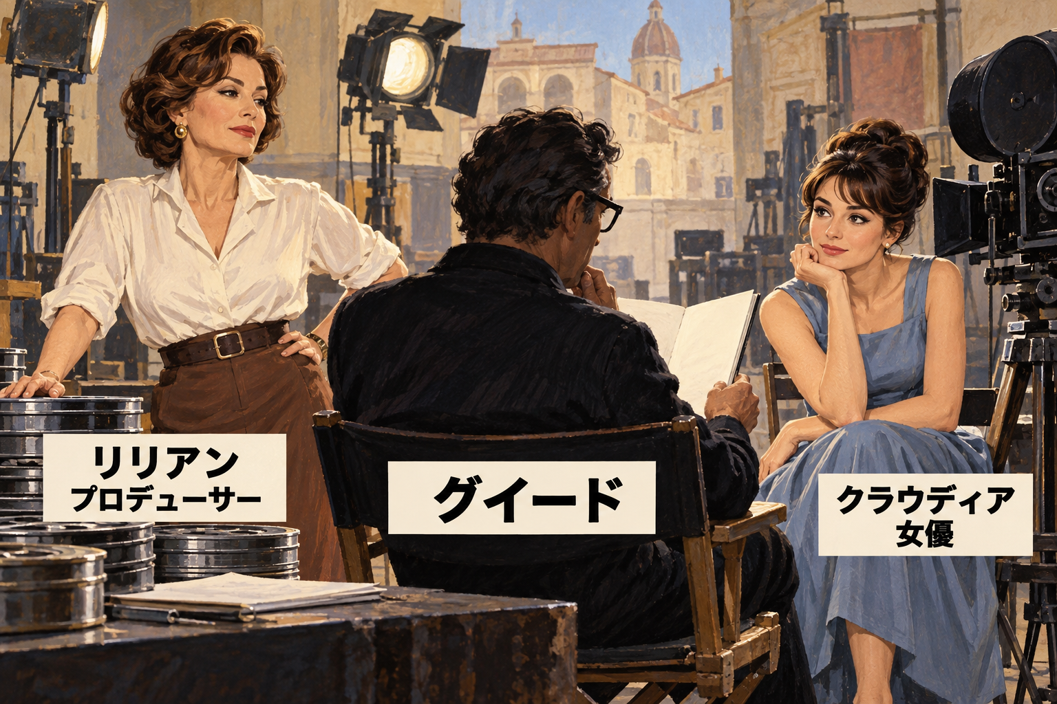 映画の仕事で関わるプロデューサーのリリアンと女優クラウディアを紹介するイラスト