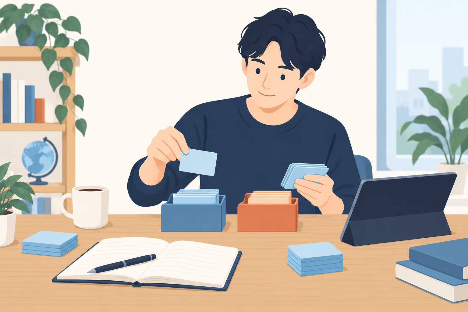 学習カードを整理して復習する人のイラスト