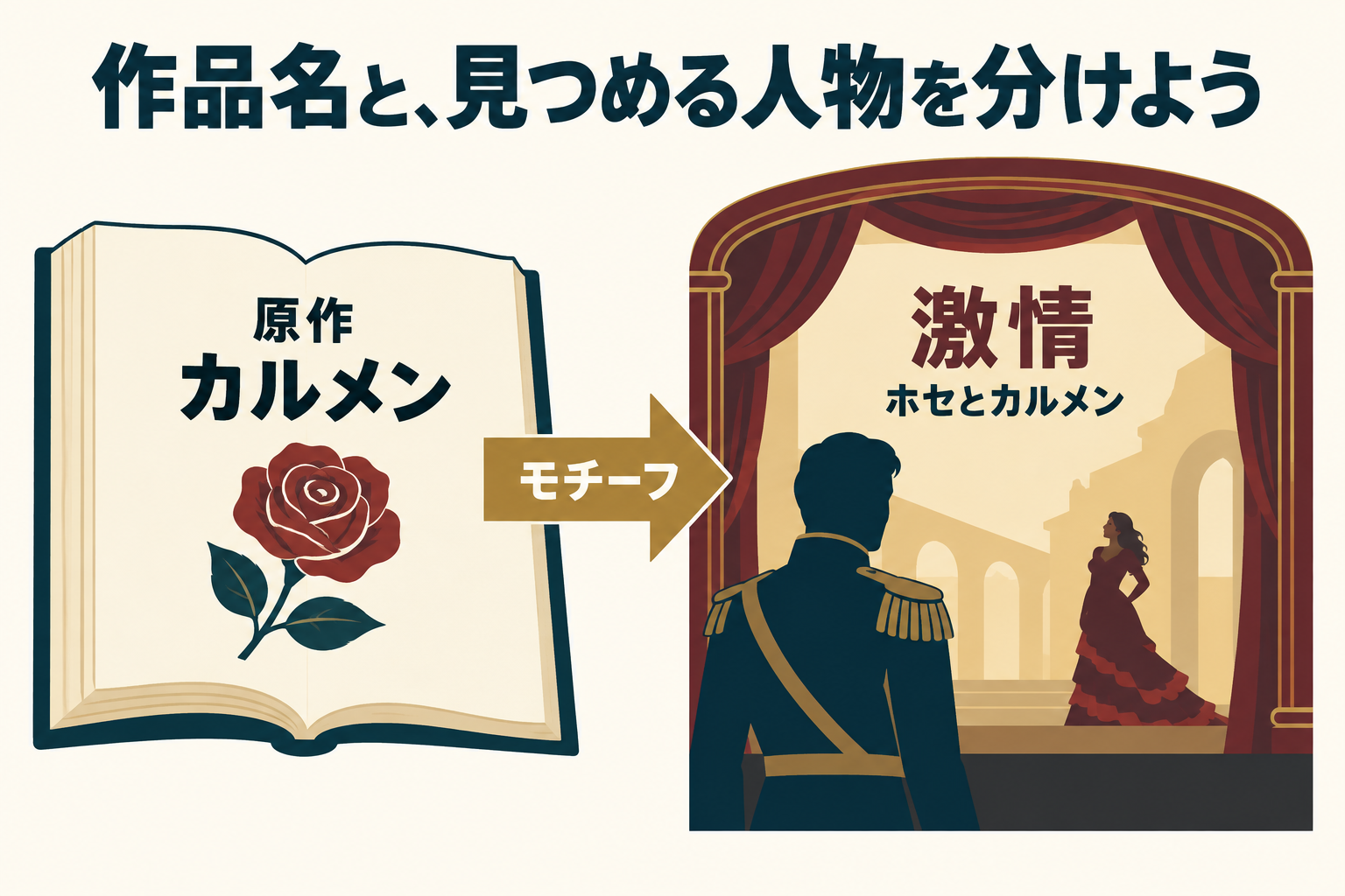 原作「カルメン」をモチーフに、ホセの人生を描く『激情』。作品名と見る人物の視点を分ける図。