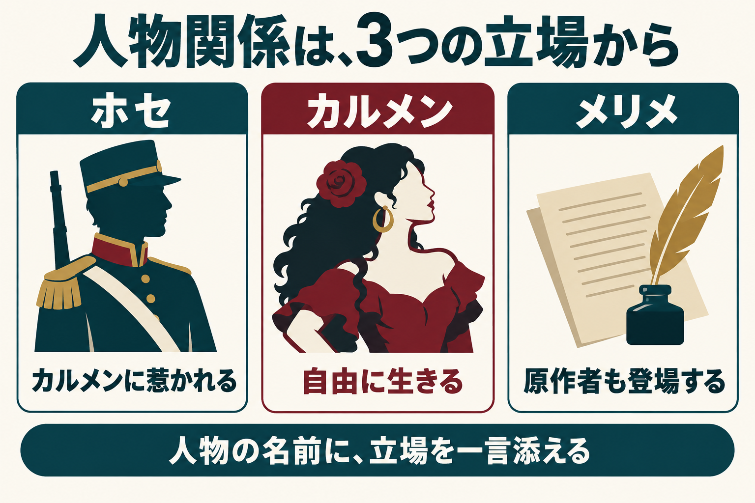 ホセ、カルメン、原作者メリメ。人物の名前に立場を一言添えて読むための整理図。