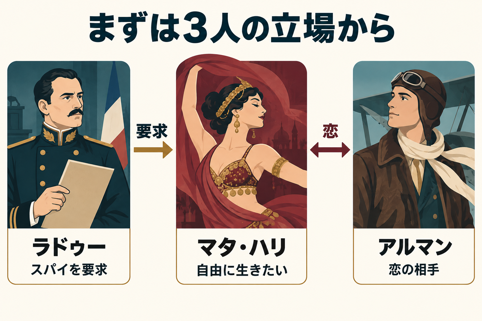 公式あらすじをもとに、三人の立場を整理した人物関係イラスト。