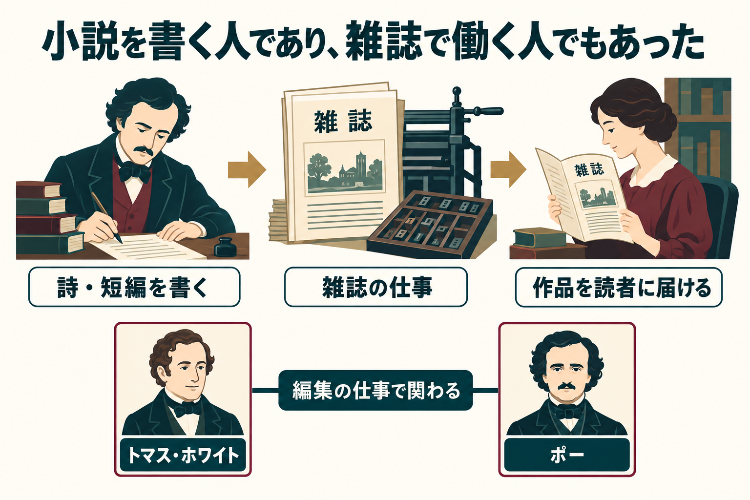 創作、雑誌の仕事、読者へ届くことを分けて見るための仕事の図。雑誌の実物を再現したものではありません。