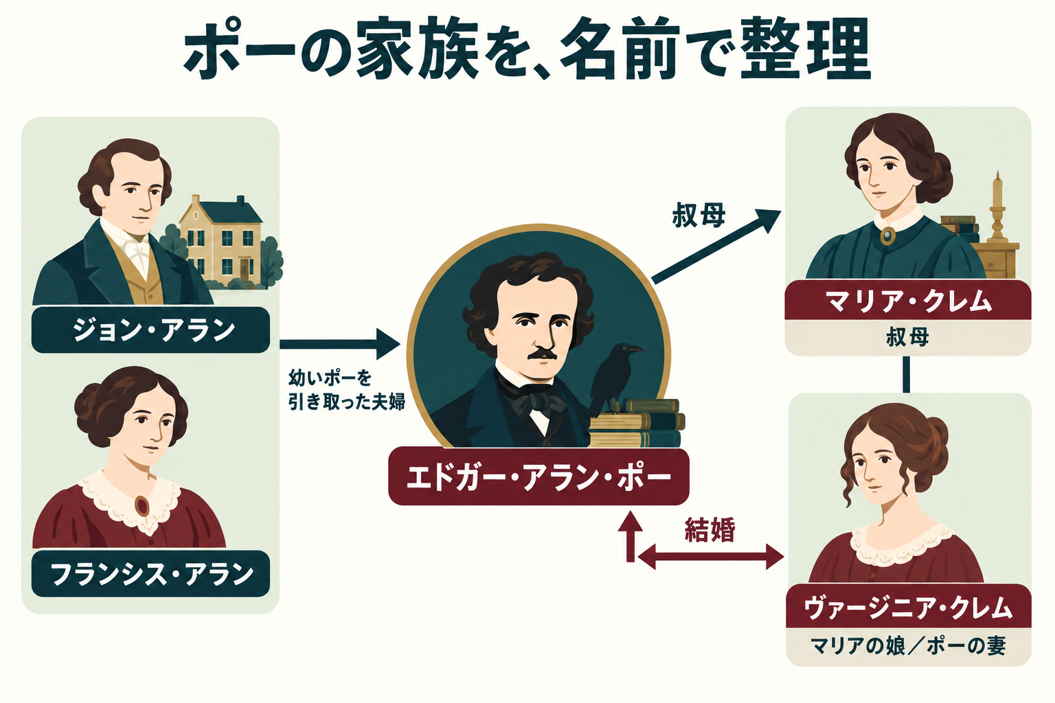 ポーの家族の関係を、博物館の伝記をもとに整理。人物の姿は説明用のイラストです。