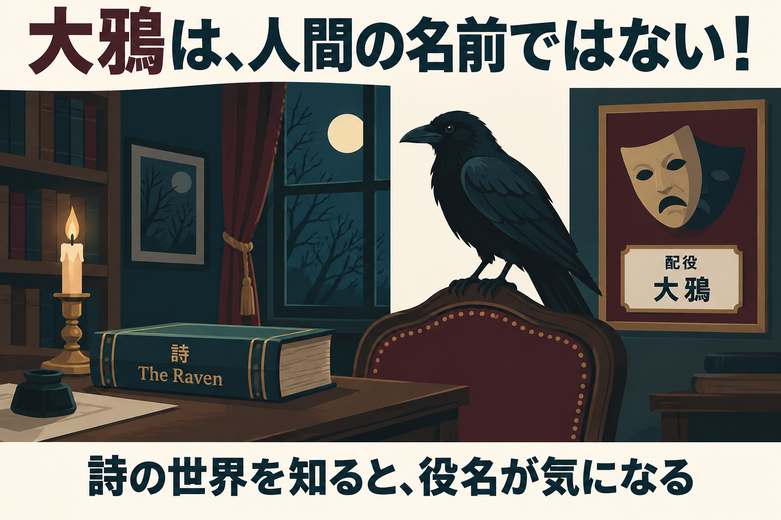 詩『The Raven』と舞台の役名「大鴉」を並べた図。実際の舞台装置や衣裳を示したものではありません。