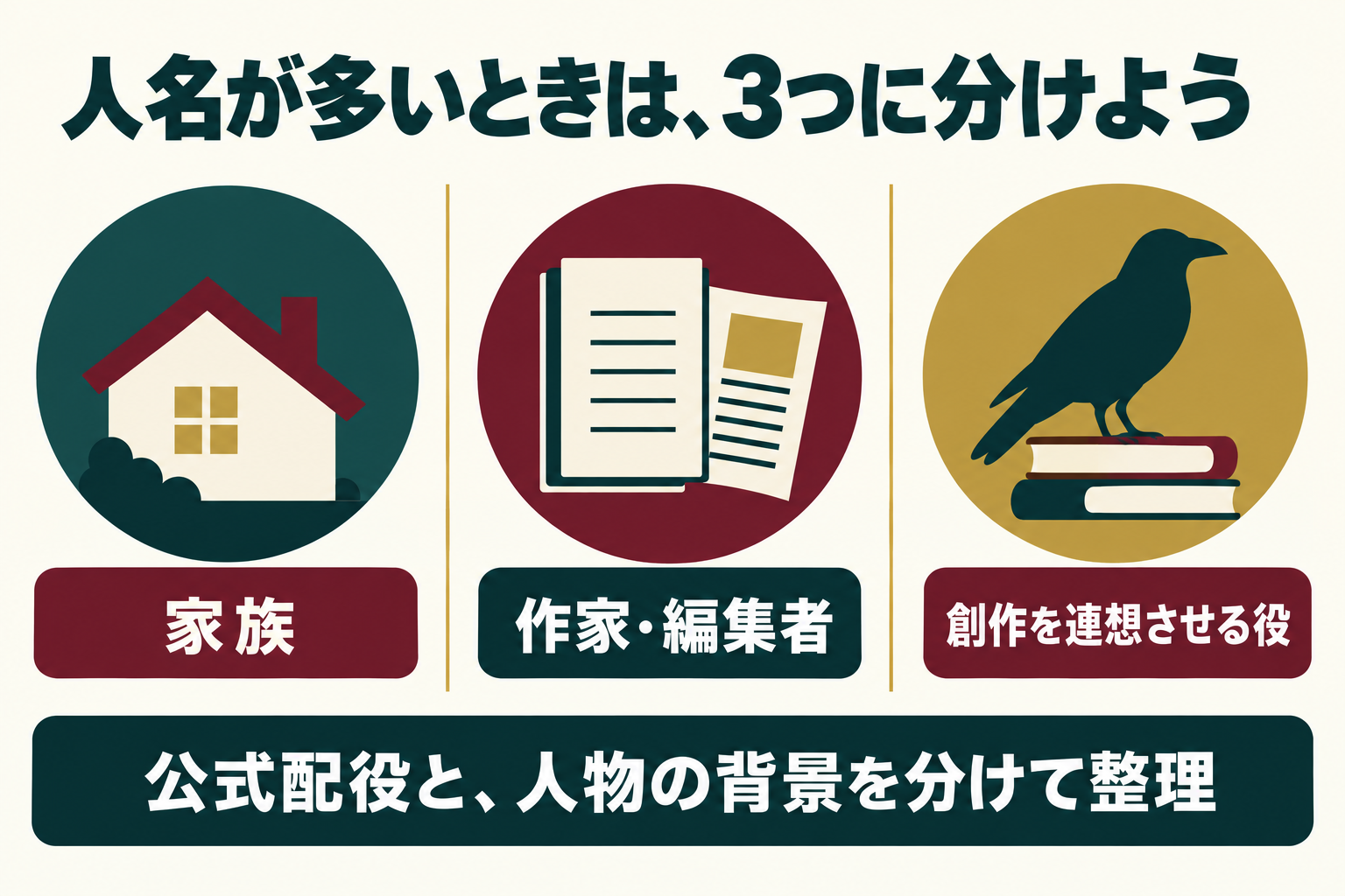 人名を、家族・文学の仕事・創作を連想させる役に分けるための整理図。