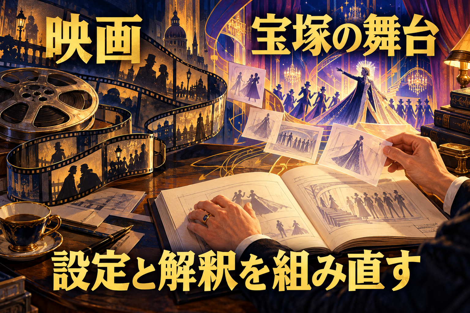 映画から舞台への表現の違いを、本と架空の劇場で描いたイメージ