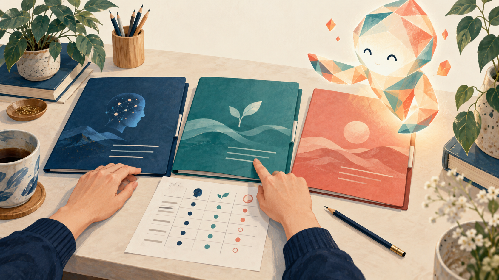 三つの提案資料を同じ条件で比較するイラスト