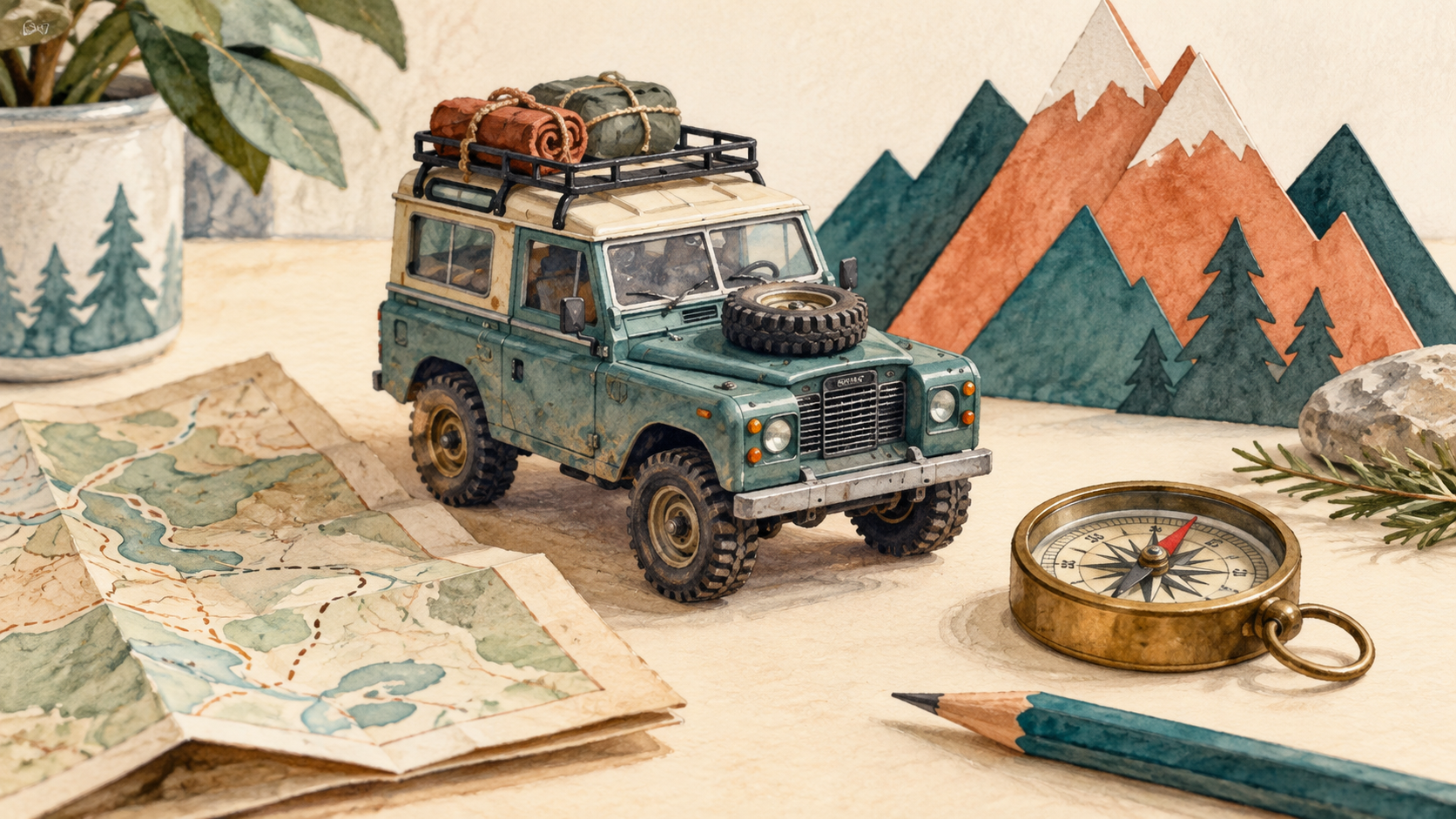 模型の四輪駆動車とコンパス、紙の山を描いた水彩イラスト