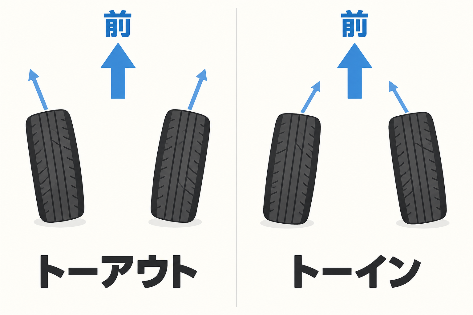 上から見たタイヤの前端が外へ向くトーアウトと、内へ向くトーイン