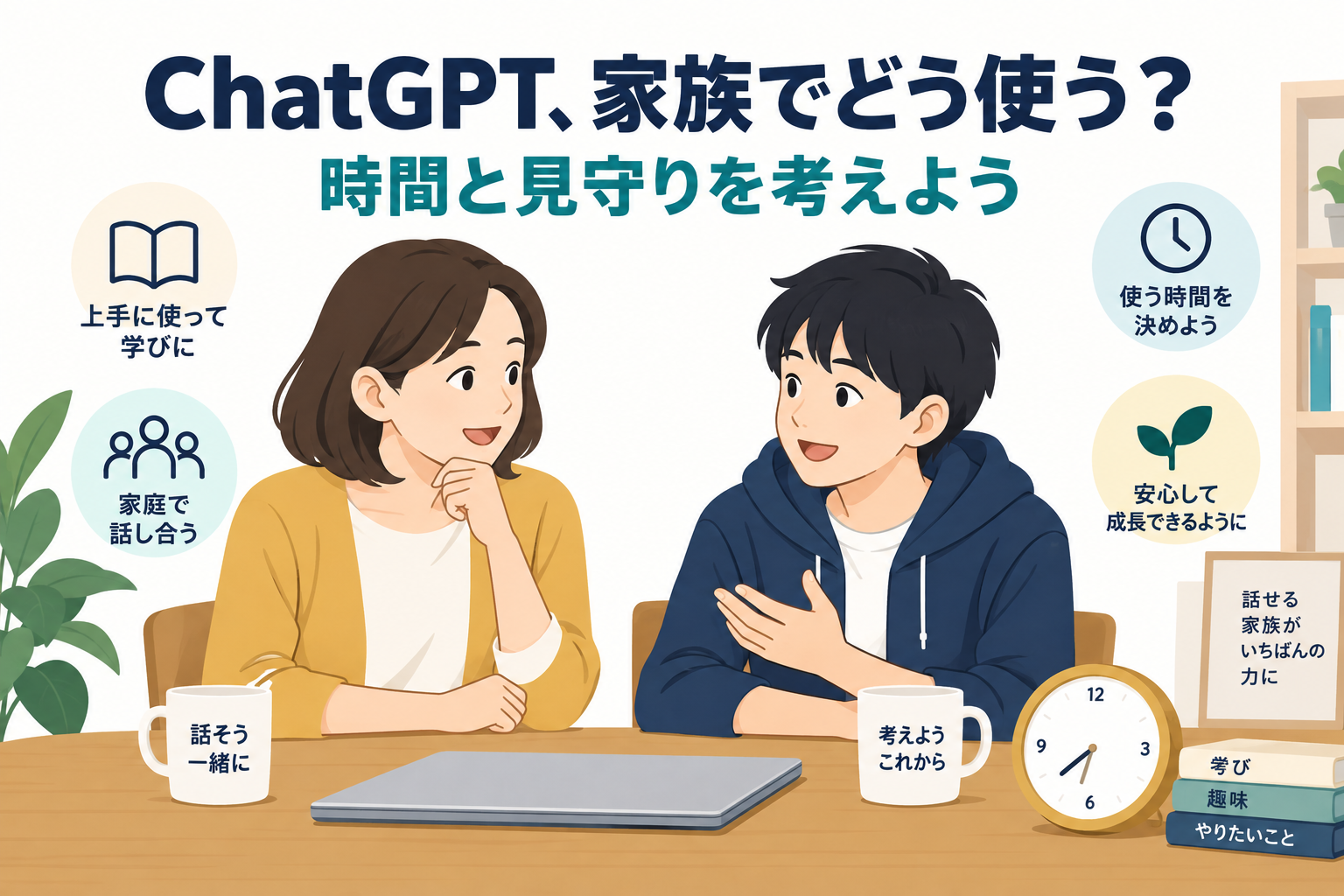 ChatGPTの使い方を親子で話し合うイラストChatGPTの使い方を親子で話し合うイラストｋ
