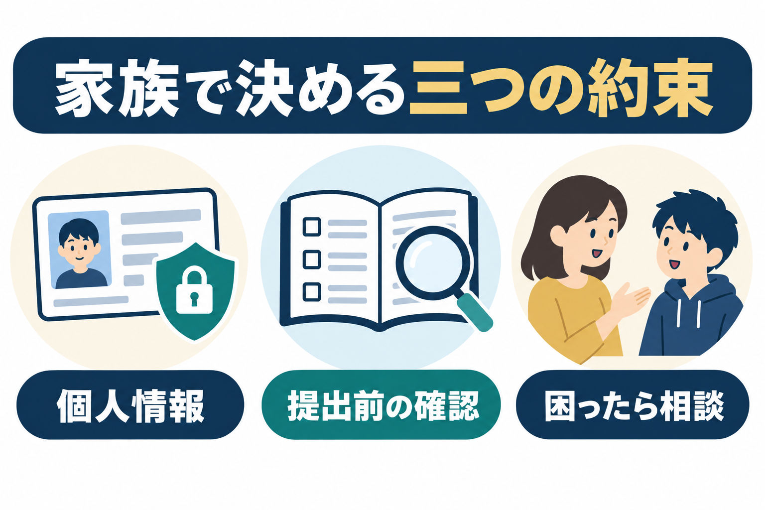 個人情報・提出前の確認・困ったときの相談先という家庭の三つの約束