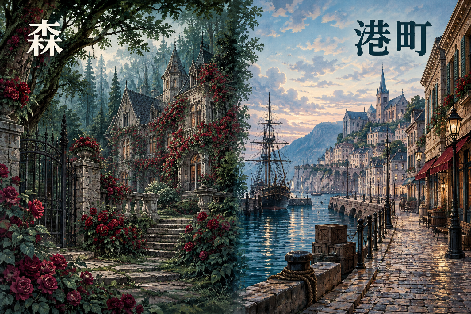 森の館と架空の海辺の町を描いた物語のイメージ