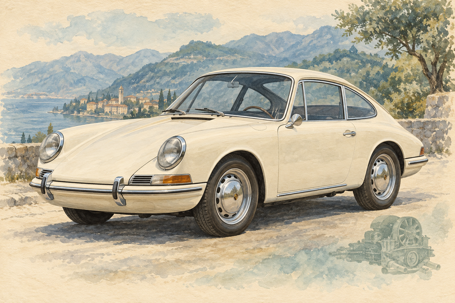 初期型ポルシェ911の姿と後方のエンジンをモチーフにしたオリジナルイラスト