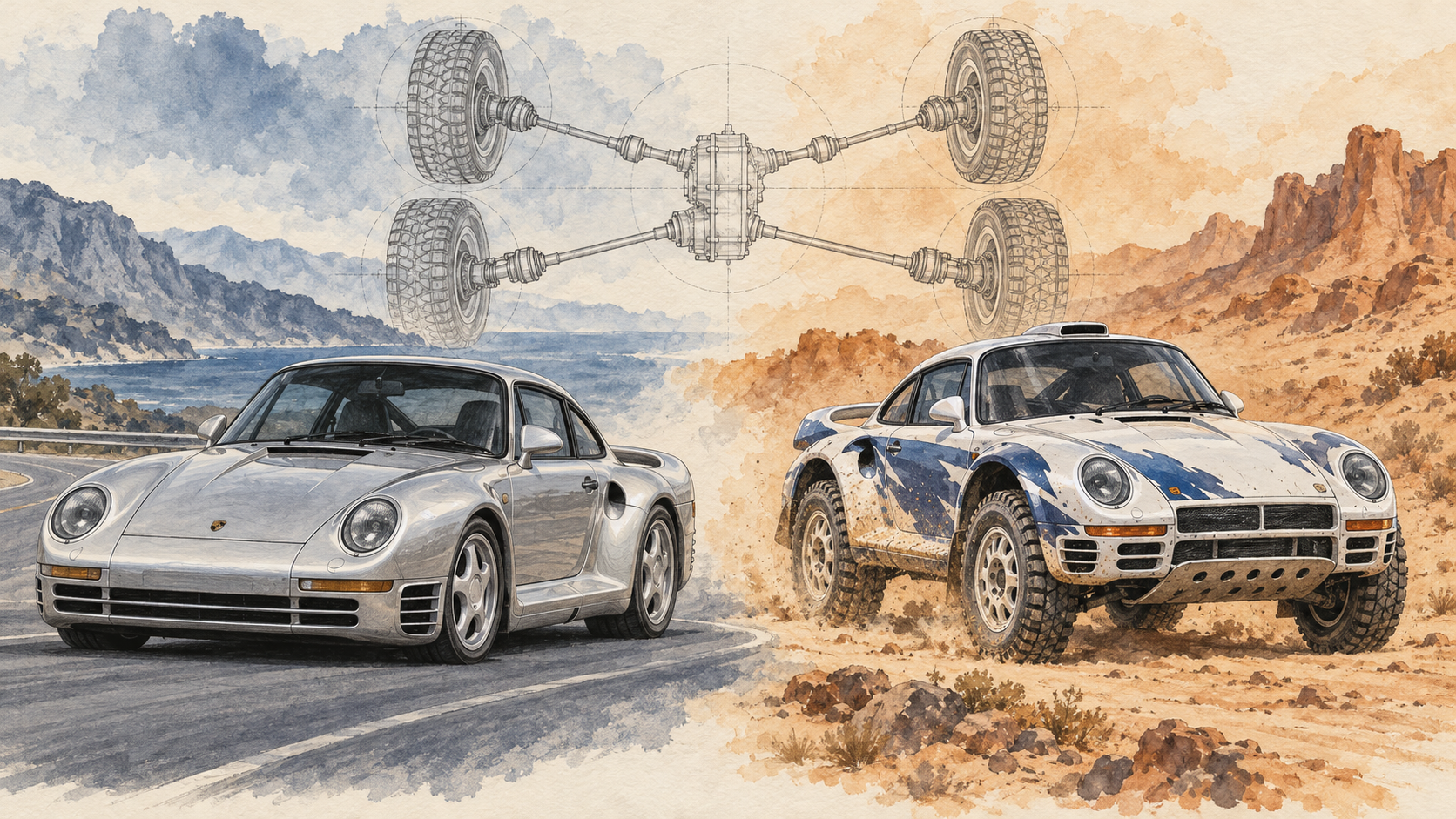 公道仕様とダカール仕様のポルシェ959を描いたオリジナルイラスト