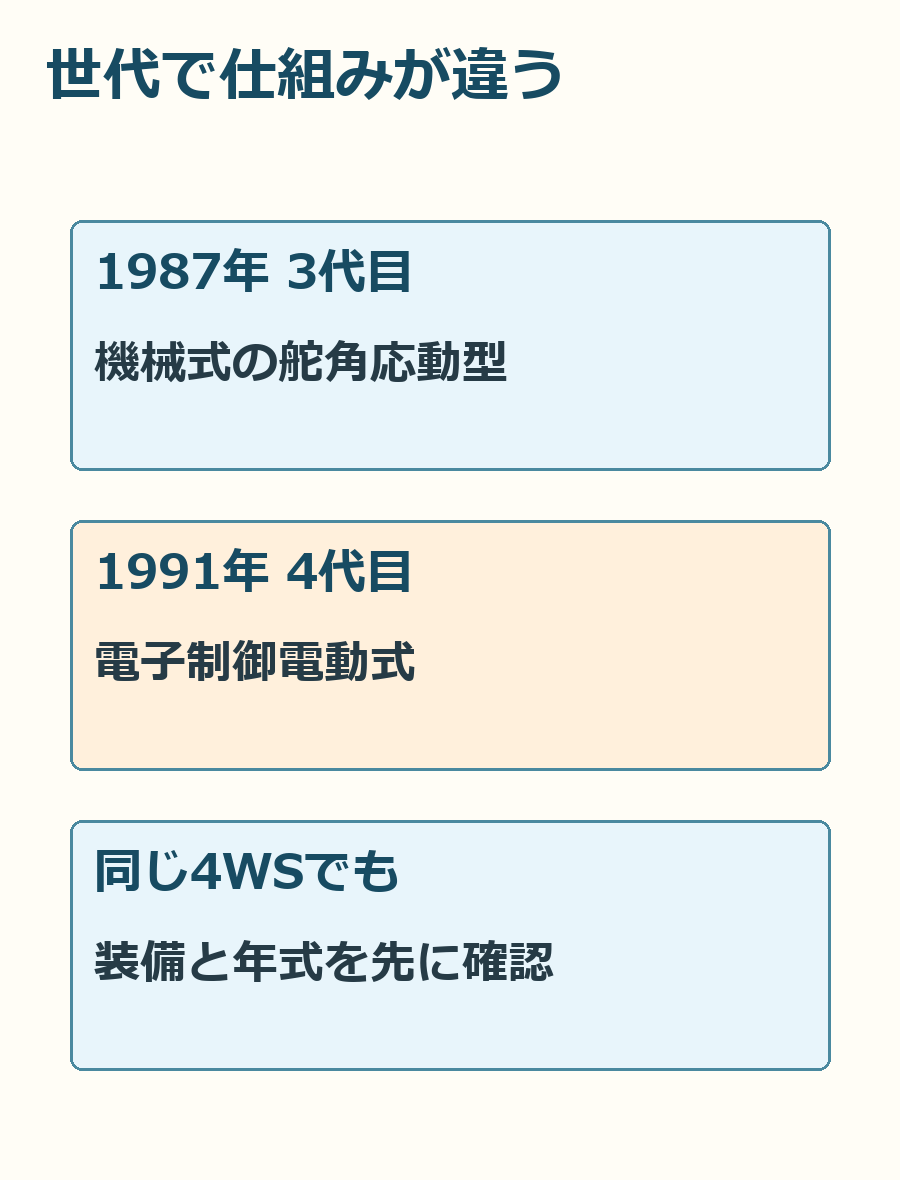 1987年の機械式と1991年の電子制御電動式。同じ4WSという名前でも構成を分けて見ましょう。