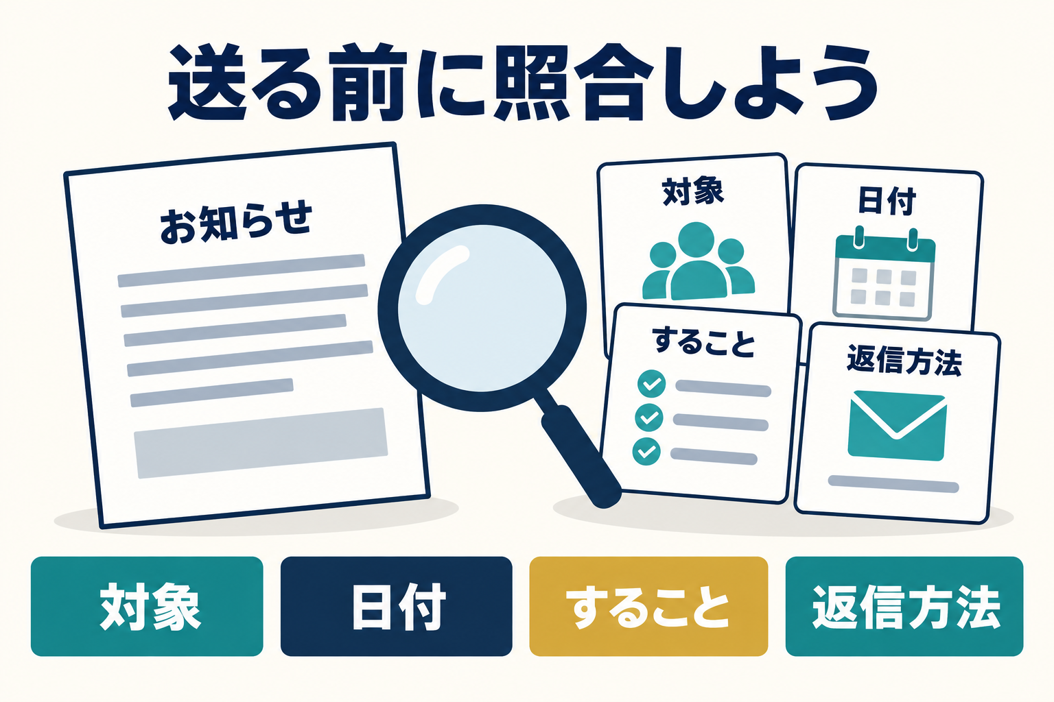 送信前に対象・日付・すること・返答方法を元の条件と照合する図