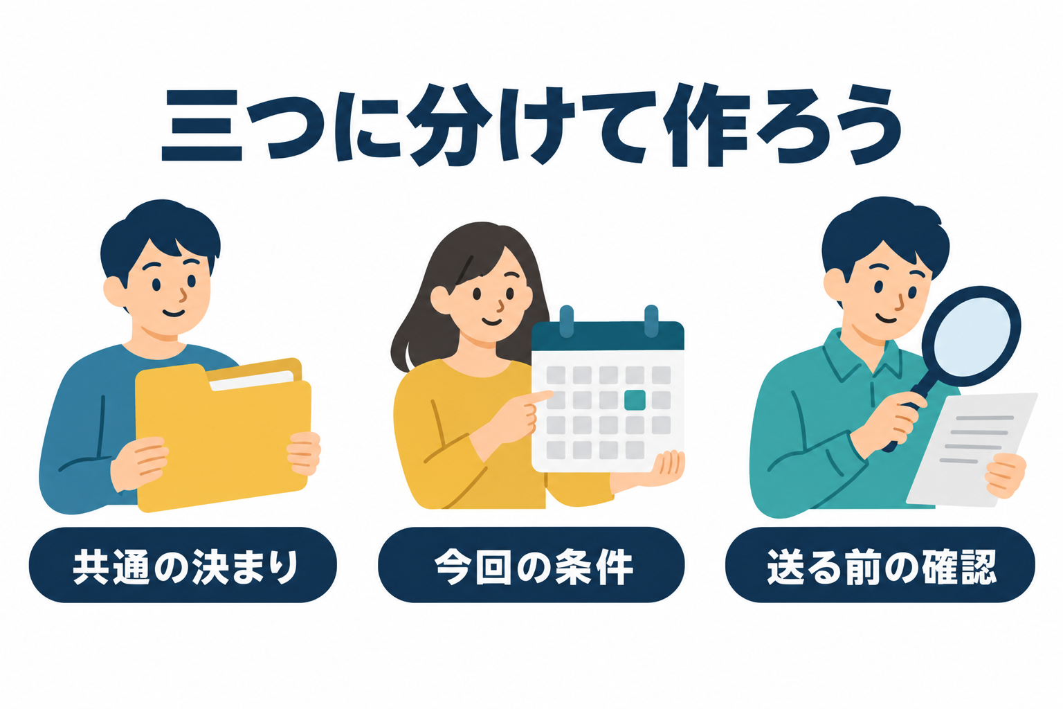 共通の決まり・今回の条件・送信前の確認という三つの層