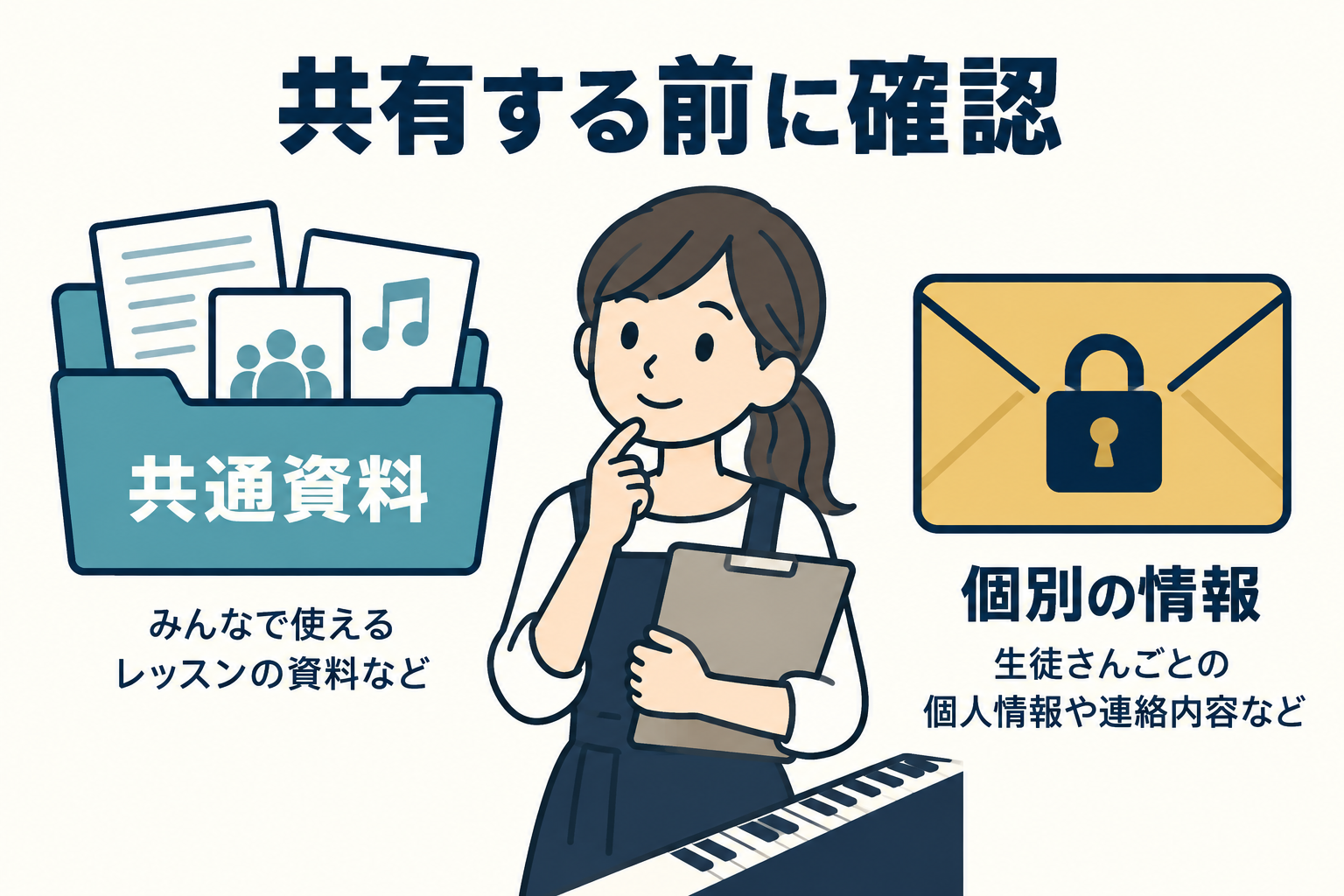 文章作成のための共通資料と、個人情報を含む個別連絡を分ける図