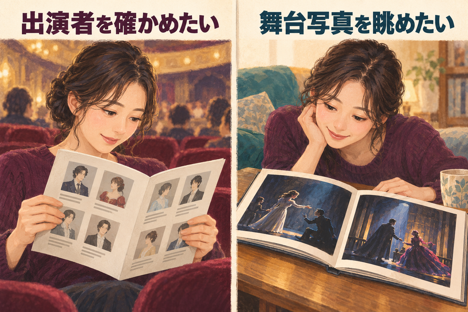 出演者情報を読む人と、舞台写真を眺める人を並べ、二冊の読む目的を比較したイラスト