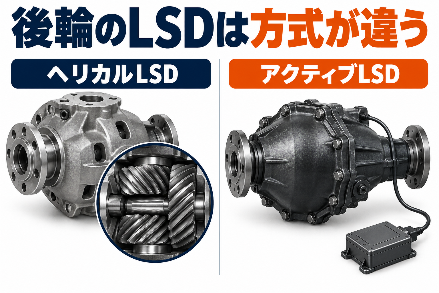 ヘリカルLSDとアクティブLSDの方式を比べるイメージ