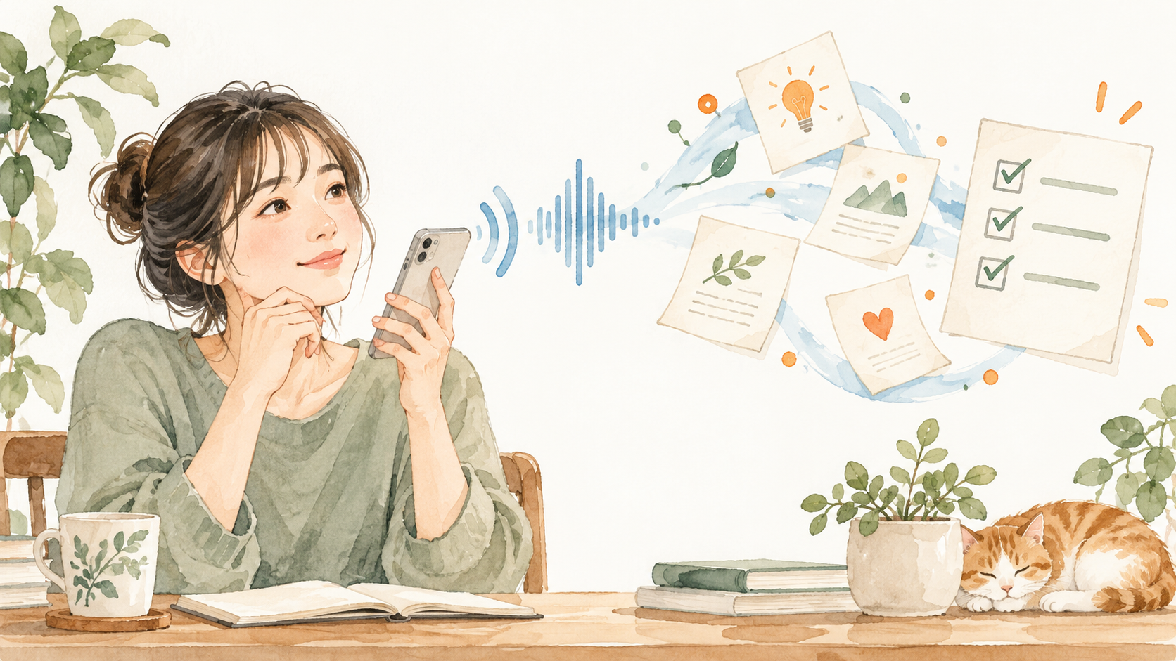 自分の音声メモを次の行動へつなげるオリジナルイラスト