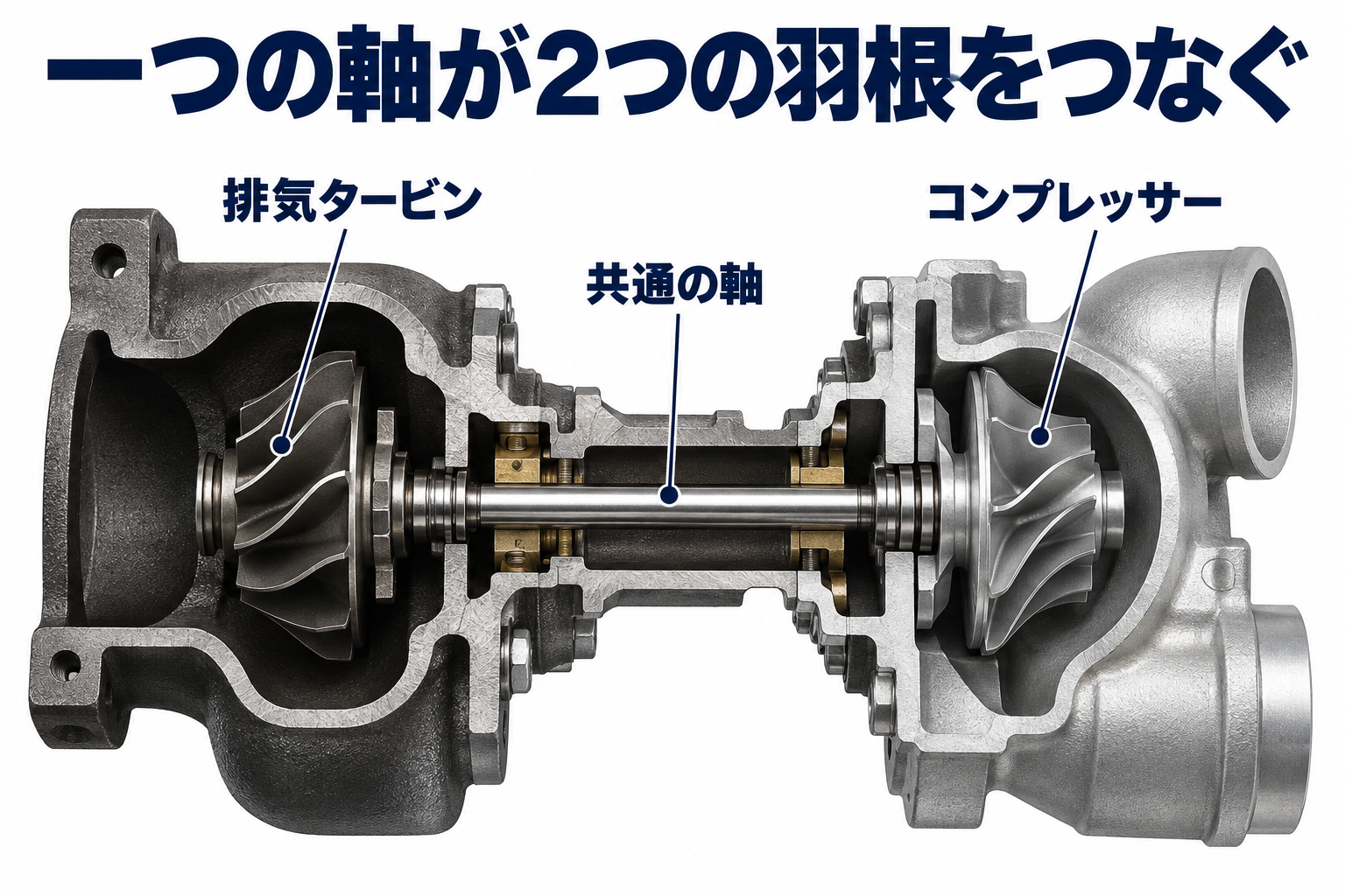 タービンとコンプレッサーが共通の軸につながる仕組み