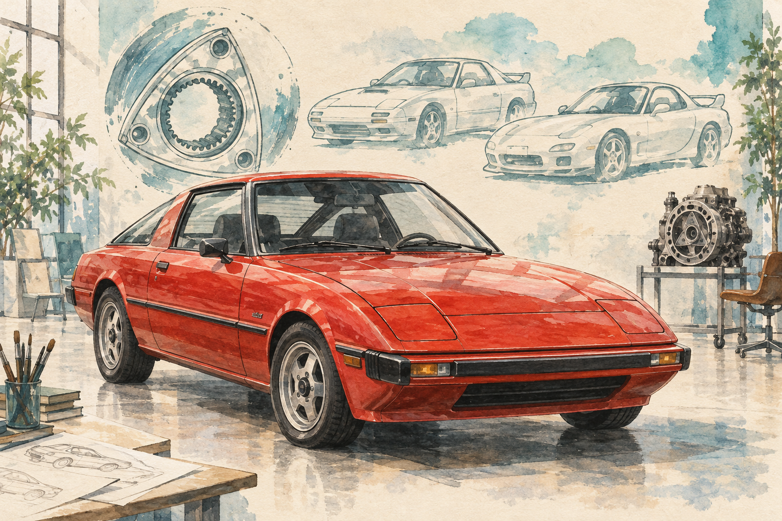 RX-7三世代とロータリーを題材にしたオリジナルイラスト