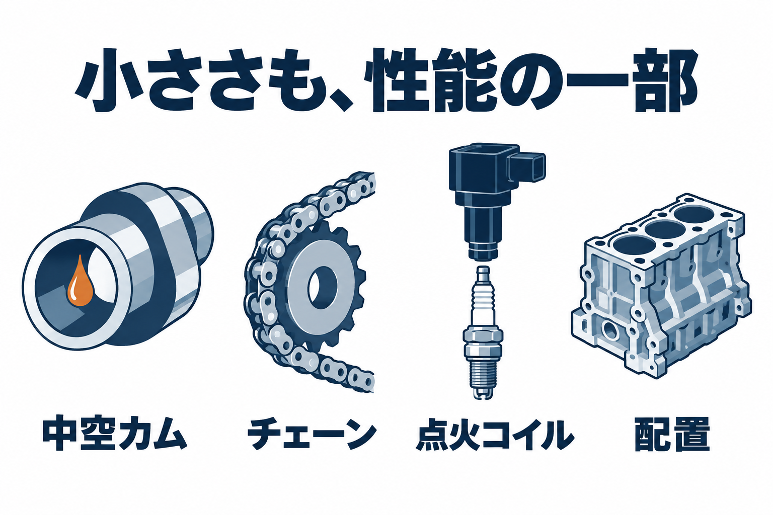 小型化や配置に関わる部品を並べた概念図。実物の寸法や部品同士の縮尺は示していません。
