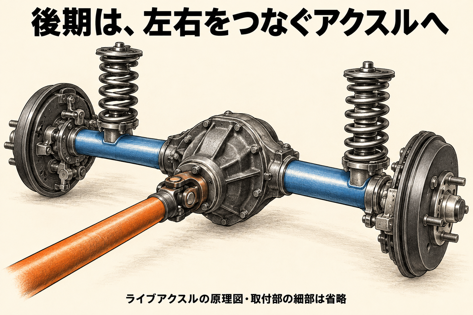 中央のデフと左右のアクスルを一体で示したライブアクスルの原理図。取付部や車種固有の細部は省略。