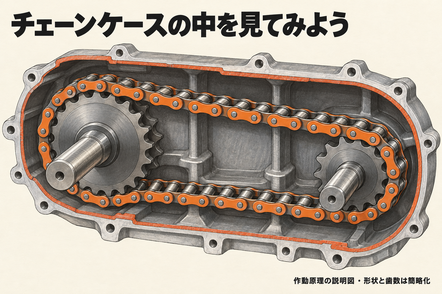 二つのスプロケットと連続したチェーンで回転を伝える原理。ケース形状、歯数、細部は簡略化したオリジナルイラスト。