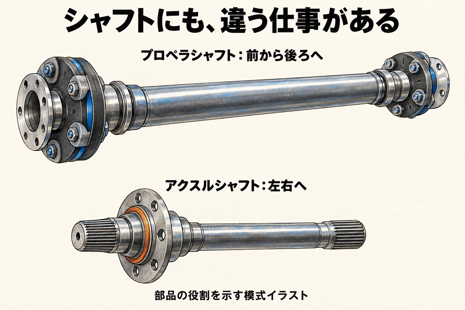 プロペラシャフトとアクスルシャフトの役割を、部品の形を使って分けた模式イラスト。S800の寸法や取付部を再現した図ではありません。