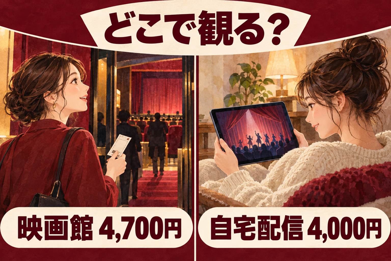 映画館中継と自宅配信の通常料金を比較するファンのイメージ