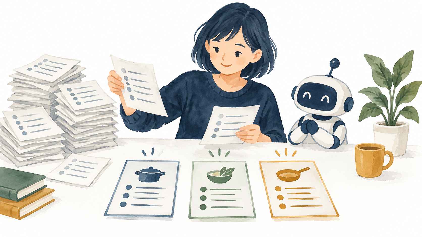 繰り返す指示をレシピカードのように整理する人とAIのイラスト