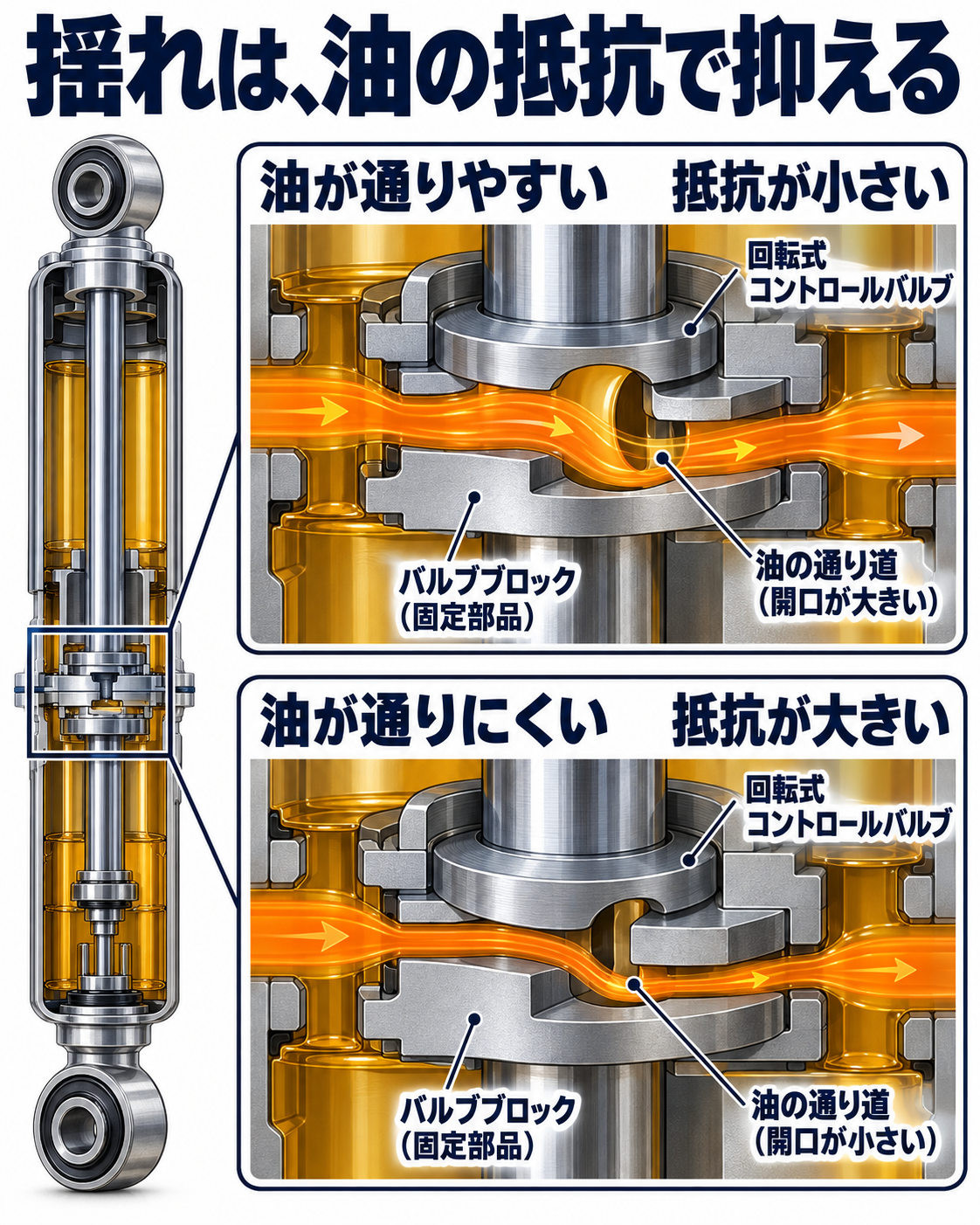 油の通りやすさの違いと減衰力を比べるダンパーの概念図
