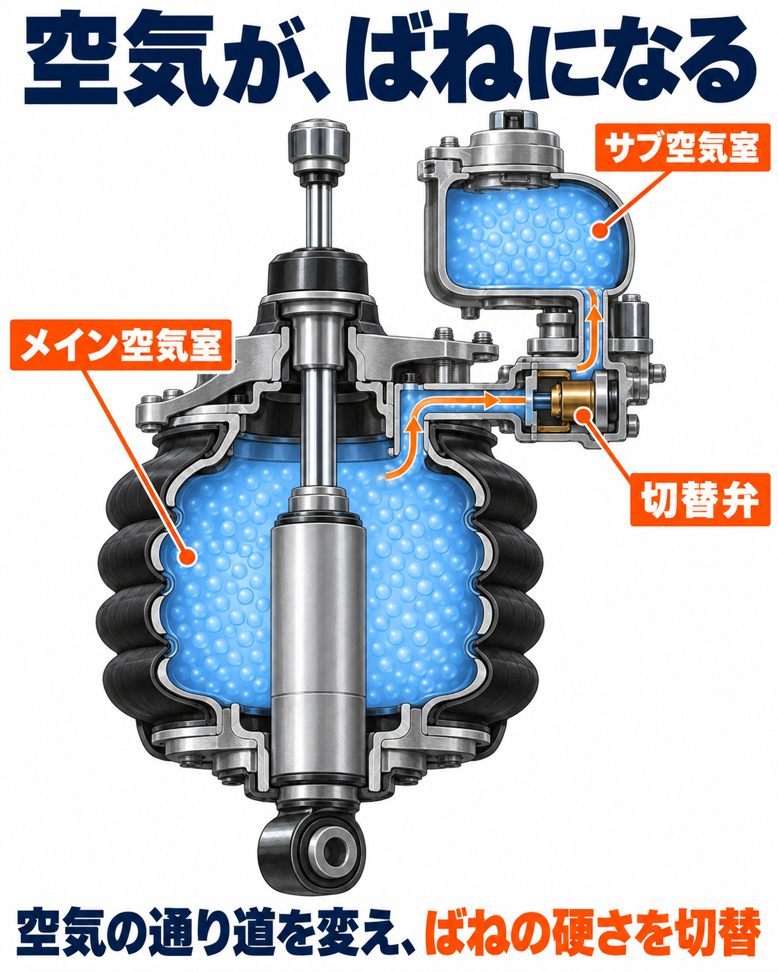 主空気室と補助空気室、切替弁の働きを示す部品概念図