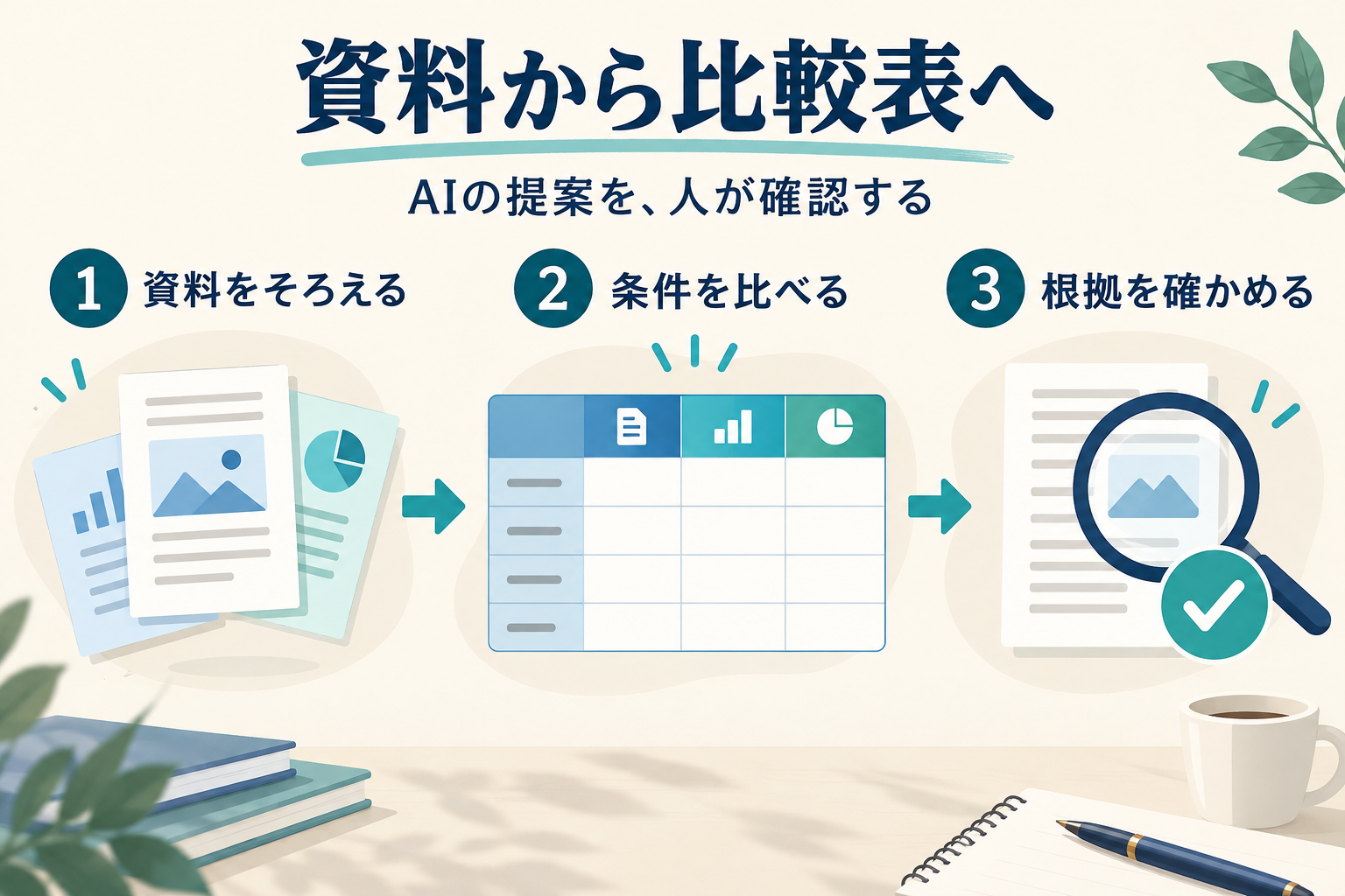 資料をそろえる、条件を比べる、根拠を確かめるという三段階の図解
