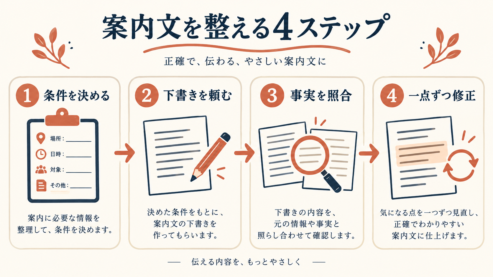 案内文を整える四段階：条件を決める、下書きを頼む、事実を照合、一点ずつ修正