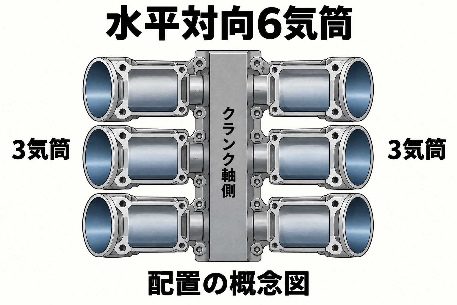 水平対向６気筒の左右３気筒ずつの配置を示す概念図