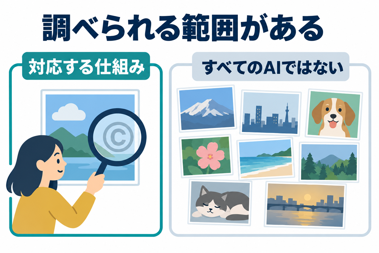 対応する仕組みの透かしを調べる範囲と、すべての画像は対象でないことを示す図