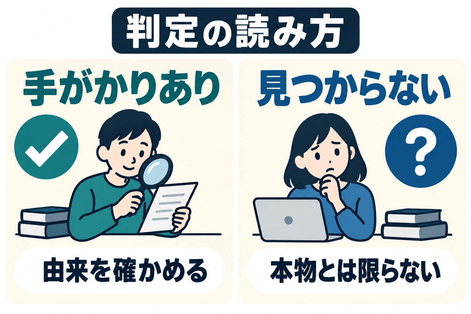検出・未検出・はっきりしない結果を、本物かどうかの断定に置き換えない図