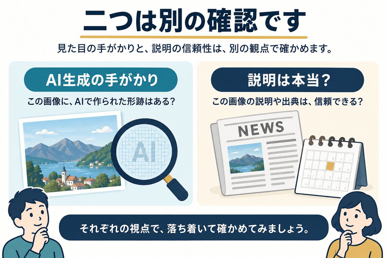 AI生成の手がかりと、画像に付いた説明の正しさを分けて確かめる図
