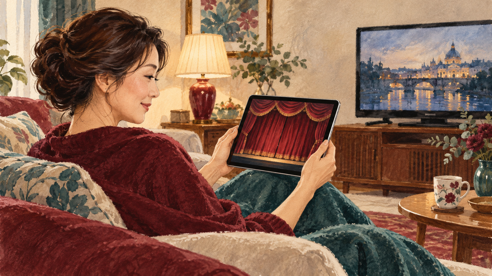 自宅でタブレットとテレビの見方を考える読者のイメージ