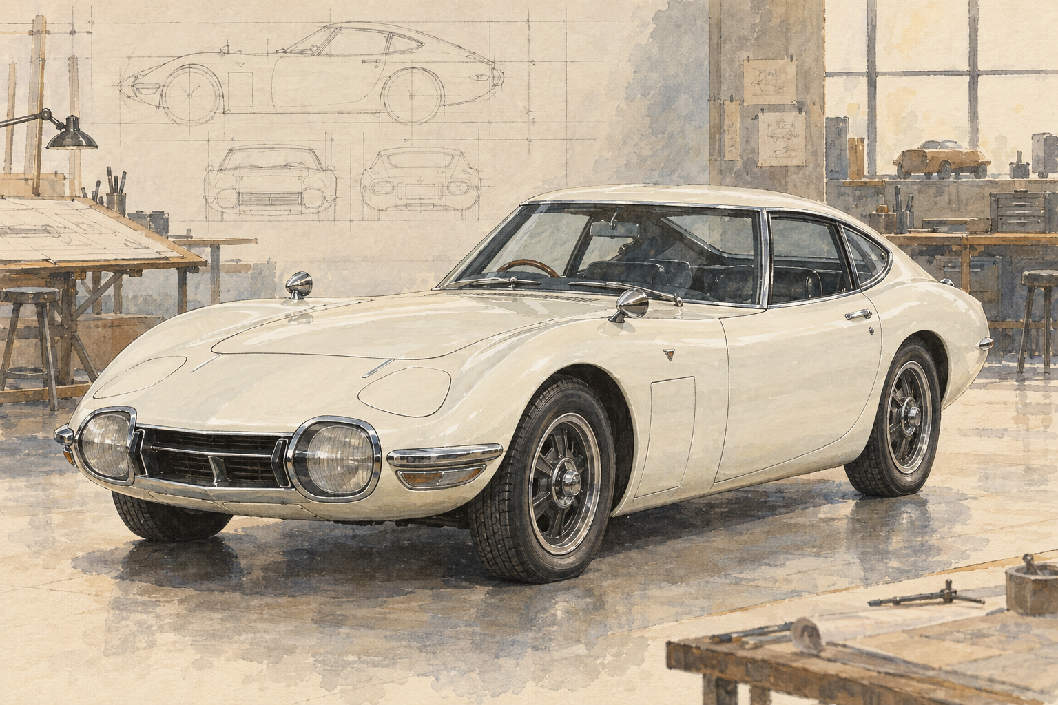 工房に置かれた白い初期型トヨタ2000GTを描いたオリジナル水彩イラスト