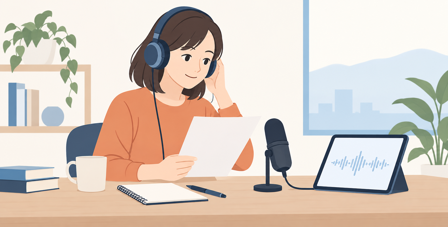 短い原稿とヘッドホンで音声を確認する人のイラスト