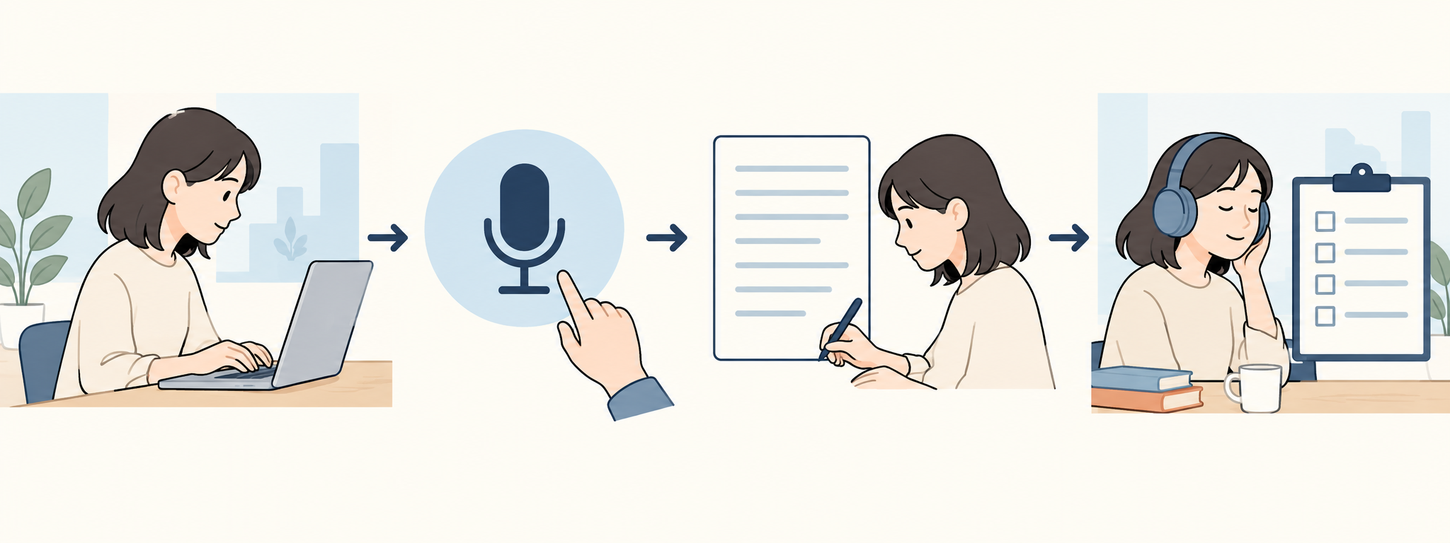 公式の入口を開く、声を選ぶ、原稿を用意する、聞き直す。図は作業の流れを示しています。