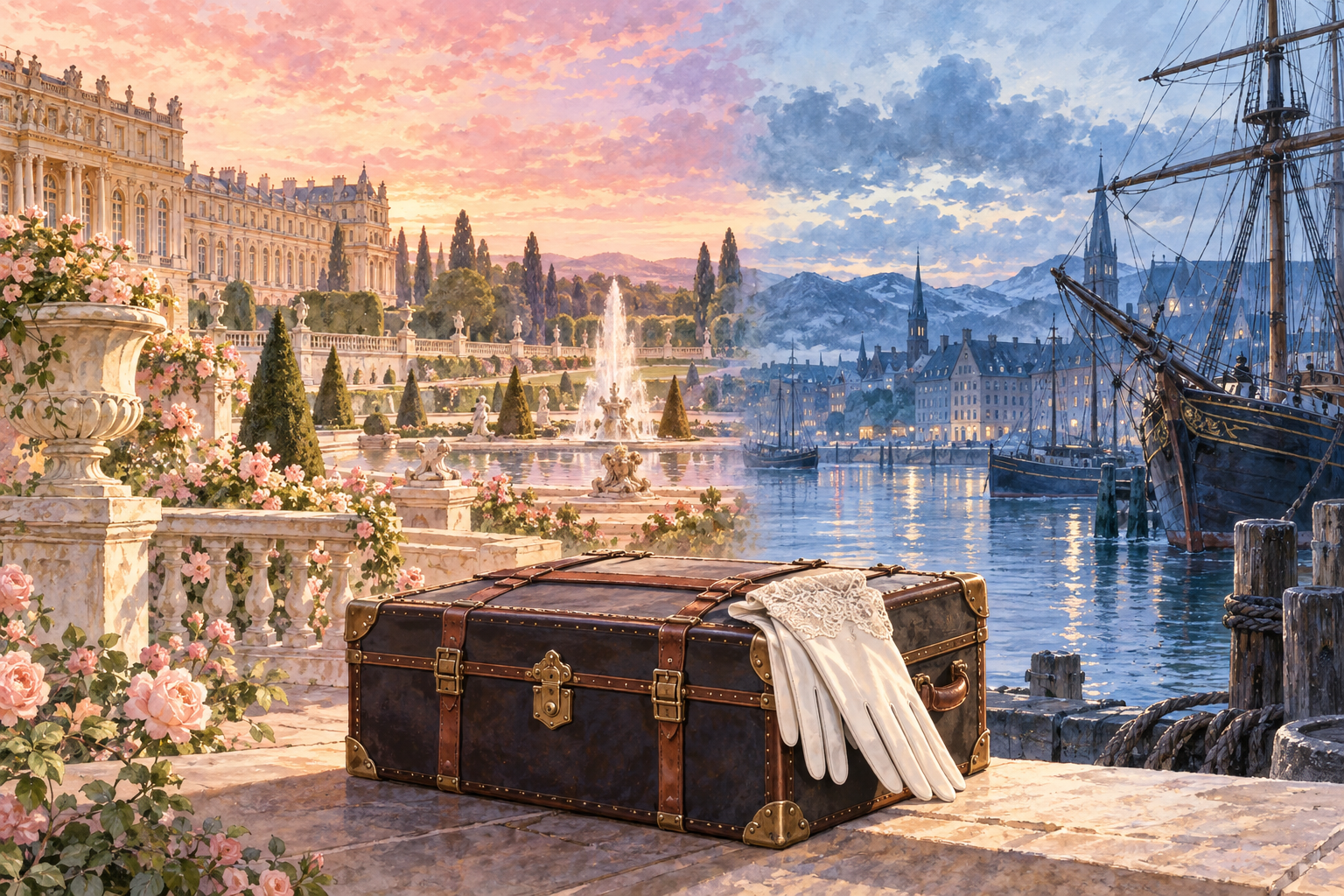 フランスの宮廷と北欧の港を描き分けた旅のイメージ